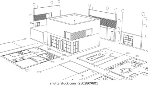 house architectural project sketch 3d illustration