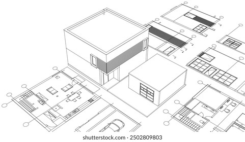 house architectural project sketch 3d illustration