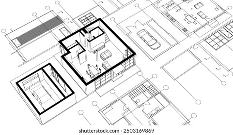 Haus architektonisches Projekt Skizze 3D-Illustration