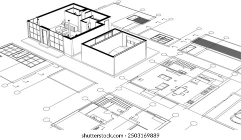 house architectural project sketch 3d illustration