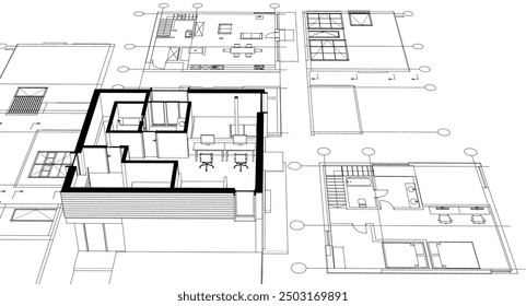 Casa proyecto arquitectónico boceto 3D ilustración