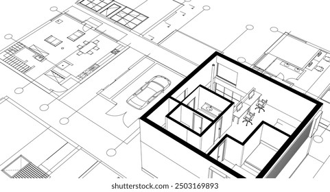 house architectural project sketch 3d illustration