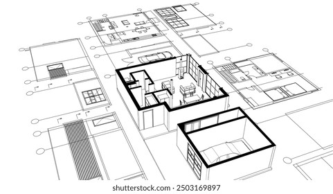 house architectural project sketch 3d illustration