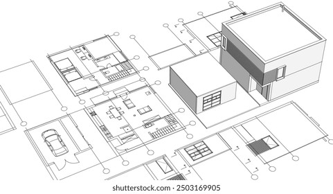 house architectural project sketch 3d illustration