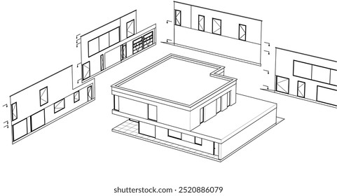 house architectural project sketch 3d illustration