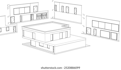 projeto arquitetônico da casa esboço ilustração 3d