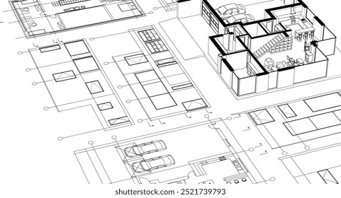 projeto arquitetônico da casa esboço ilustração 3d