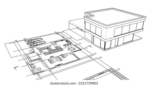 projeto arquitetônico da casa esboço ilustração 3d
