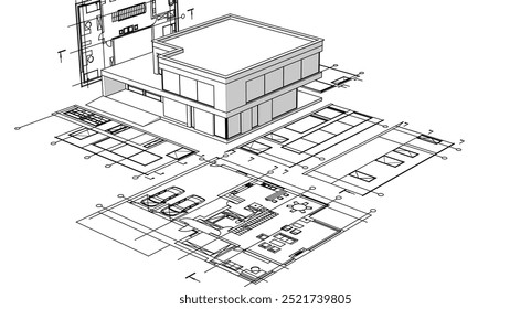 Casa proyecto arquitectónico boceto 3D ilustración