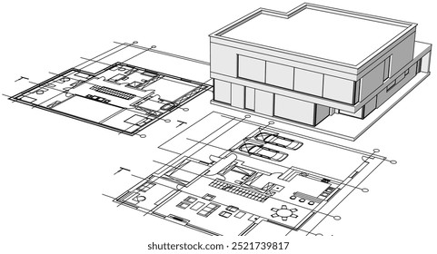 house architectural project sketch 3d illustration