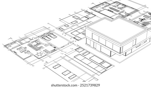 Casa proyecto arquitectónico boceto 3D ilustración