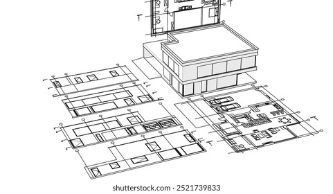 Haus architektonisches Projekt Skizze 3D-Illustration
