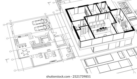 house architectural project sketch 3d illustration