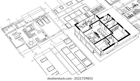 house architectural project sketch 3d illustration