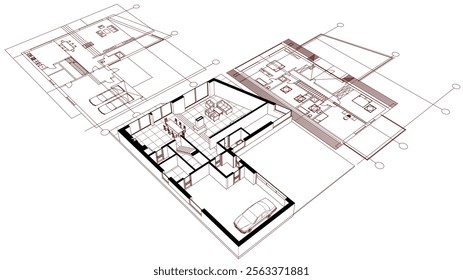 house architectural project sketch 3d illustration	