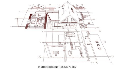 house architectural project sketch 3d illustration	