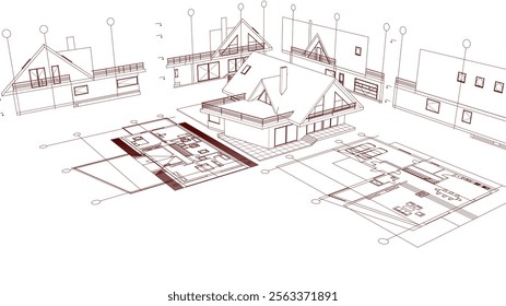 house architectural project sketch 3d illustration	