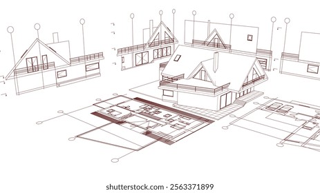 house architectural project sketch 3d illustration	