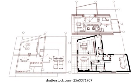 house architectural project sketch 3d illustration	
