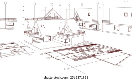 house architectural project sketch 3d illustration	