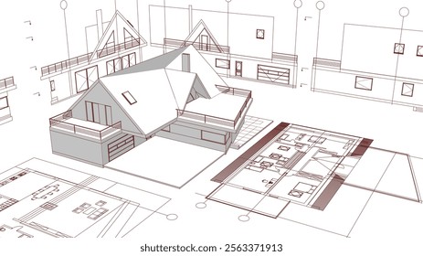 house architectural project sketch 3d illustration	