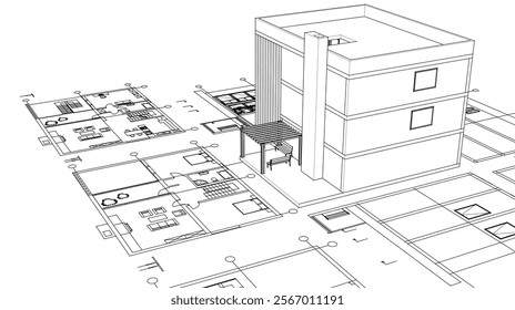 house architectural project sketch 3d illustration