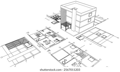 house architectural project sketch 3d illustration