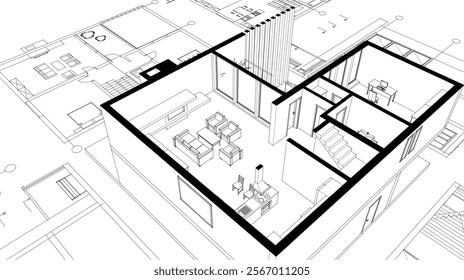 house architectural project sketch 3d illustration