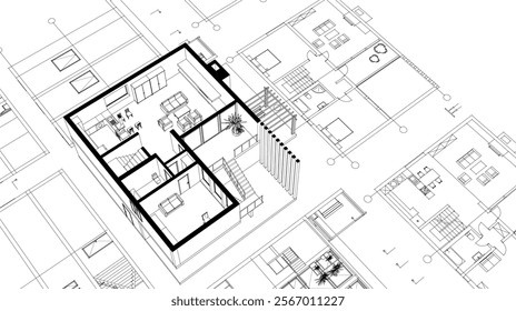house architectural project sketch 3d illustration