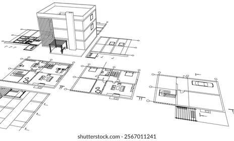 house architectural project sketch 3d illustration