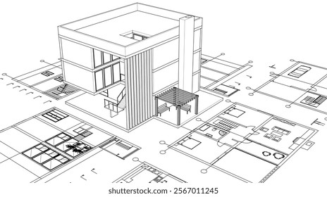 house architectural project sketch 3d illustration