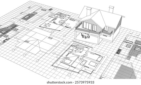 house architectural project sketch 3d illustration	