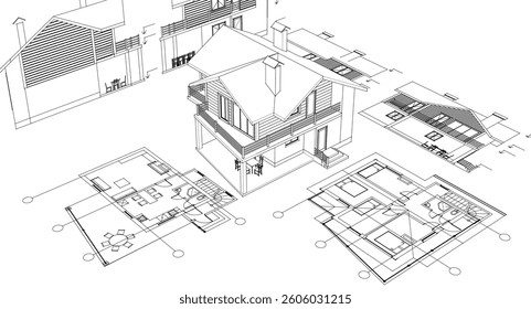 house architectural project sketch 3d illustration	