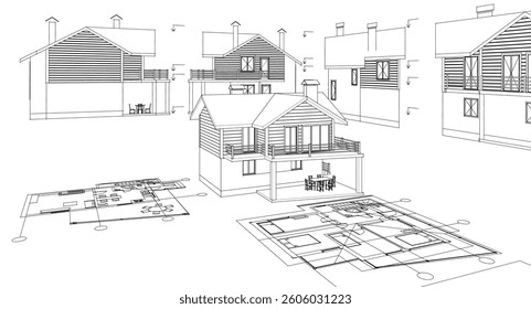 house architectural project sketch 3d illustration	