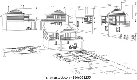 house architectural project sketch 3d illustration	