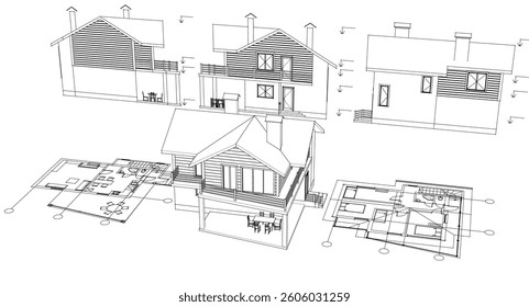 house architectural project sketch 3d illustration	