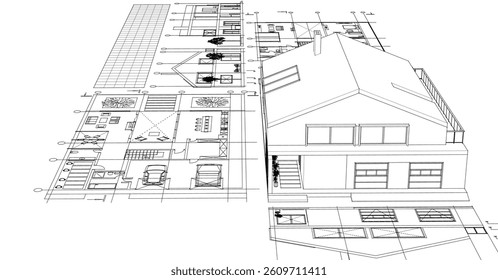 house architectural project sketch 3d illustration	
