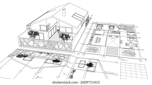 house architectural project sketch 3d illustration	