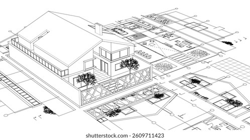 house architectural project sketch 3d illustration	
