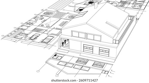house architectural project sketch 3d illustration	