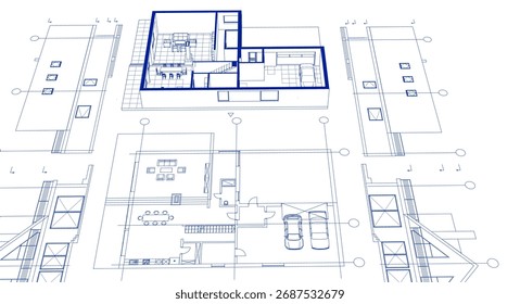 house architectural project sketch 3d illustration	