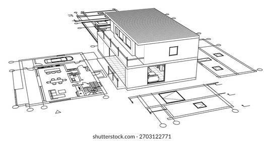 house architectural project sketch 3d illustration	