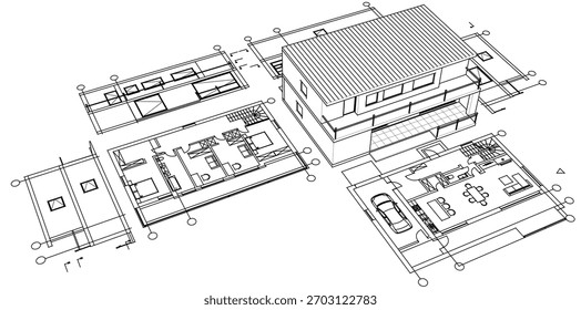 house architectural project sketch 3d illustration	