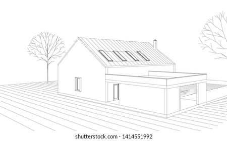 house, architectural sketch, 3d illustration