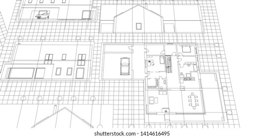 house, architectural sketch, 3d illustration