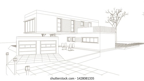 house, architectural sketch, 3d illustration