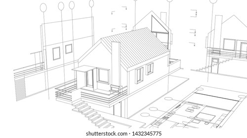 house, architectural sketch, 3d illustration