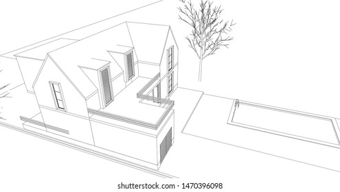 house, architectural sketch, 3d illustration