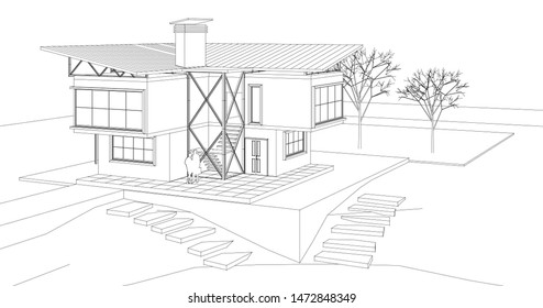 house, architectural sketch, 3d illustration