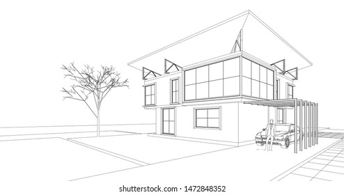 house, architectural sketch, 3d illustration